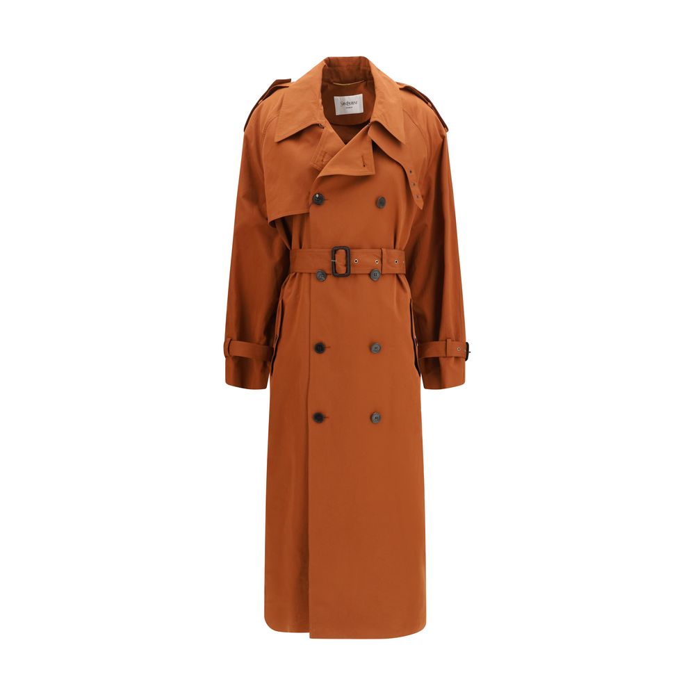 Manteau trench en coton marron de Saint Laurent, coupe classique, avec ceinture et détails élégants, porté sur un mannequin.