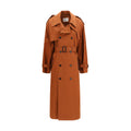 Manteau trench en coton marron de Saint Laurent, coupe classique, avec ceinture et détails élégants, porté sur un mannequin.