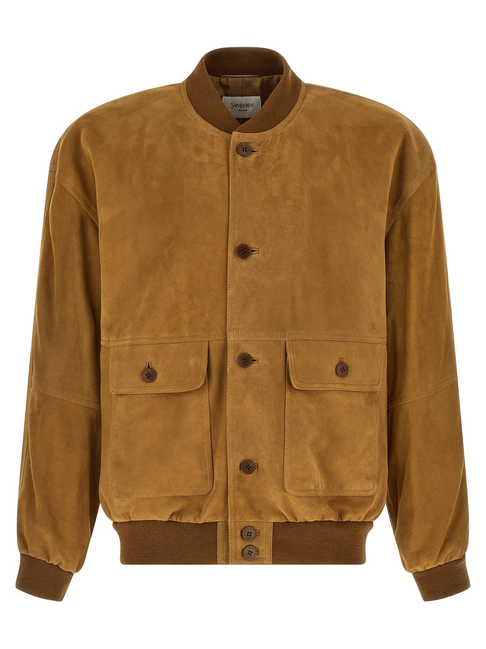 Veste en cuir d'agneau marron de Saint Laurent, style élégant et moderne, visible sur un mannequin.