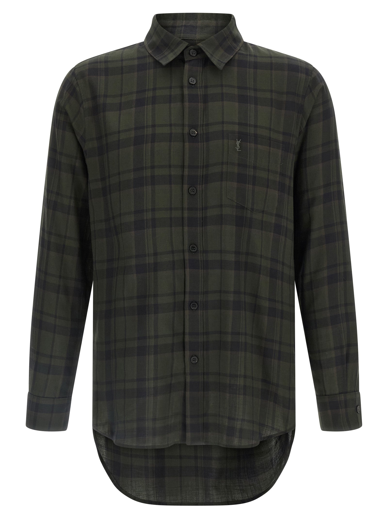 Chemise en coton bicolore Saint Laurent, style élégant avec col et manches longues, visible en image.