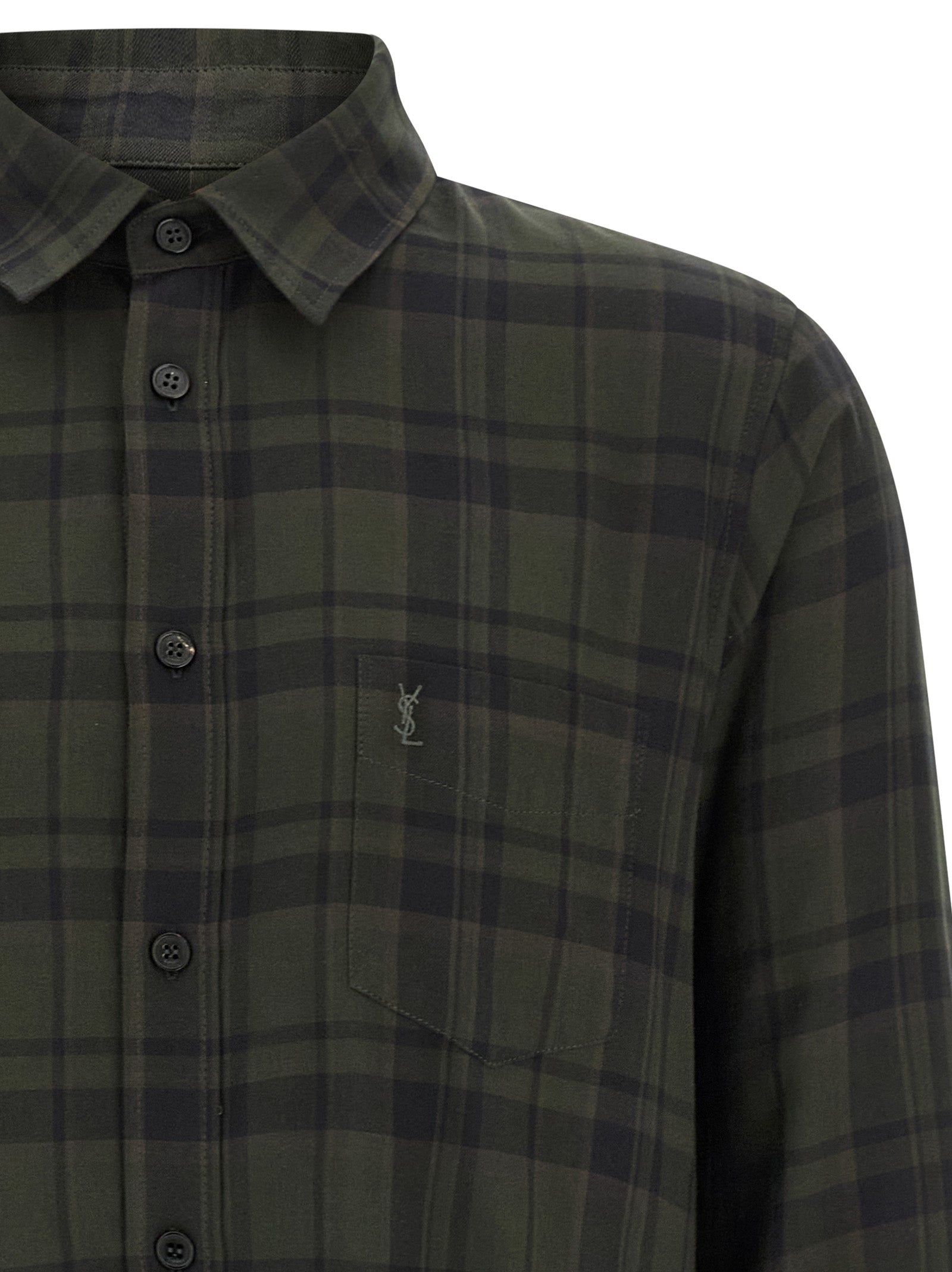 Chemise en coton bicolore Saint Laurent, style élégant avec col et manches longues, vue de face.
