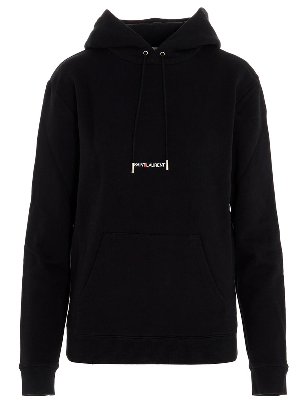 Sweat-shirt en coton noir de Saint Laurent, style décontracté avec logo discret, porté dans une scène urbaine.