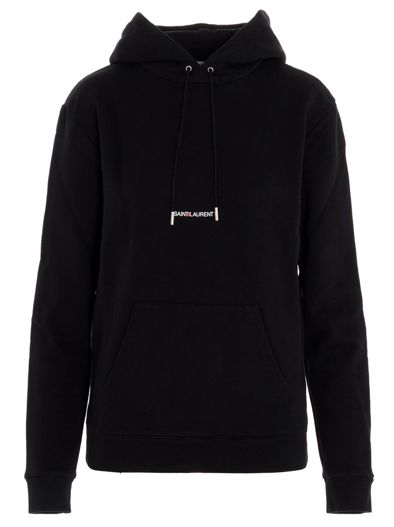 Sweat-shirt en coton noir de Saint Laurent, style décontracté avec logo discret, porté dans une scène urbaine.