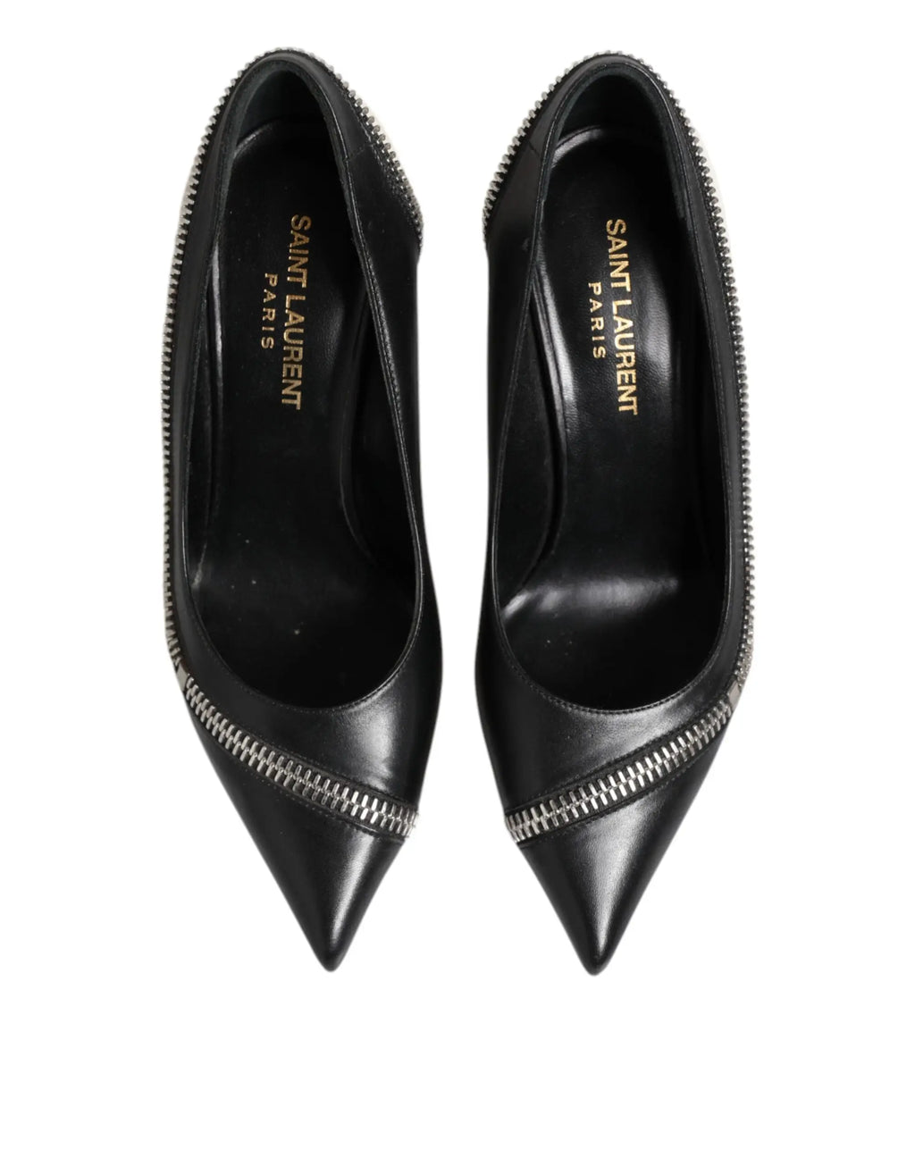 Saint laurent white black leather pointed toe pumps with silver zippers along the sides