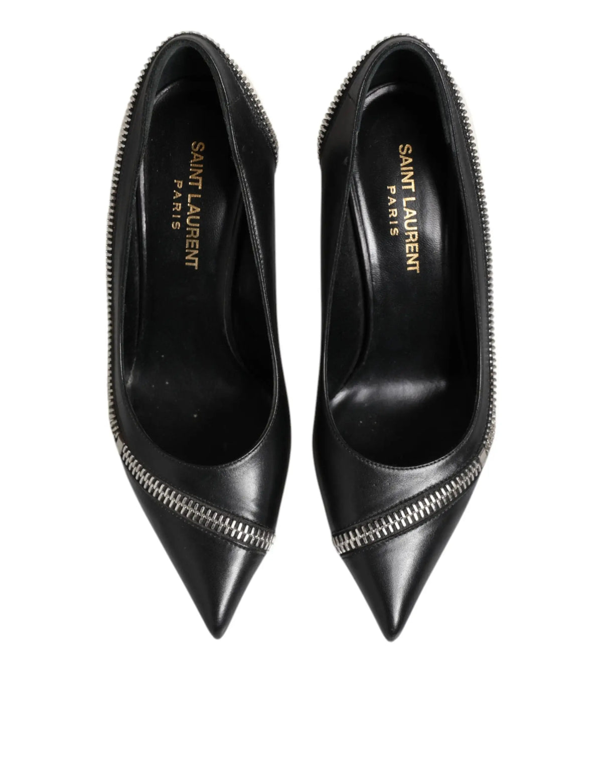 Saint laurent white black leather pointed toe pumps with silver zippers along the sides
