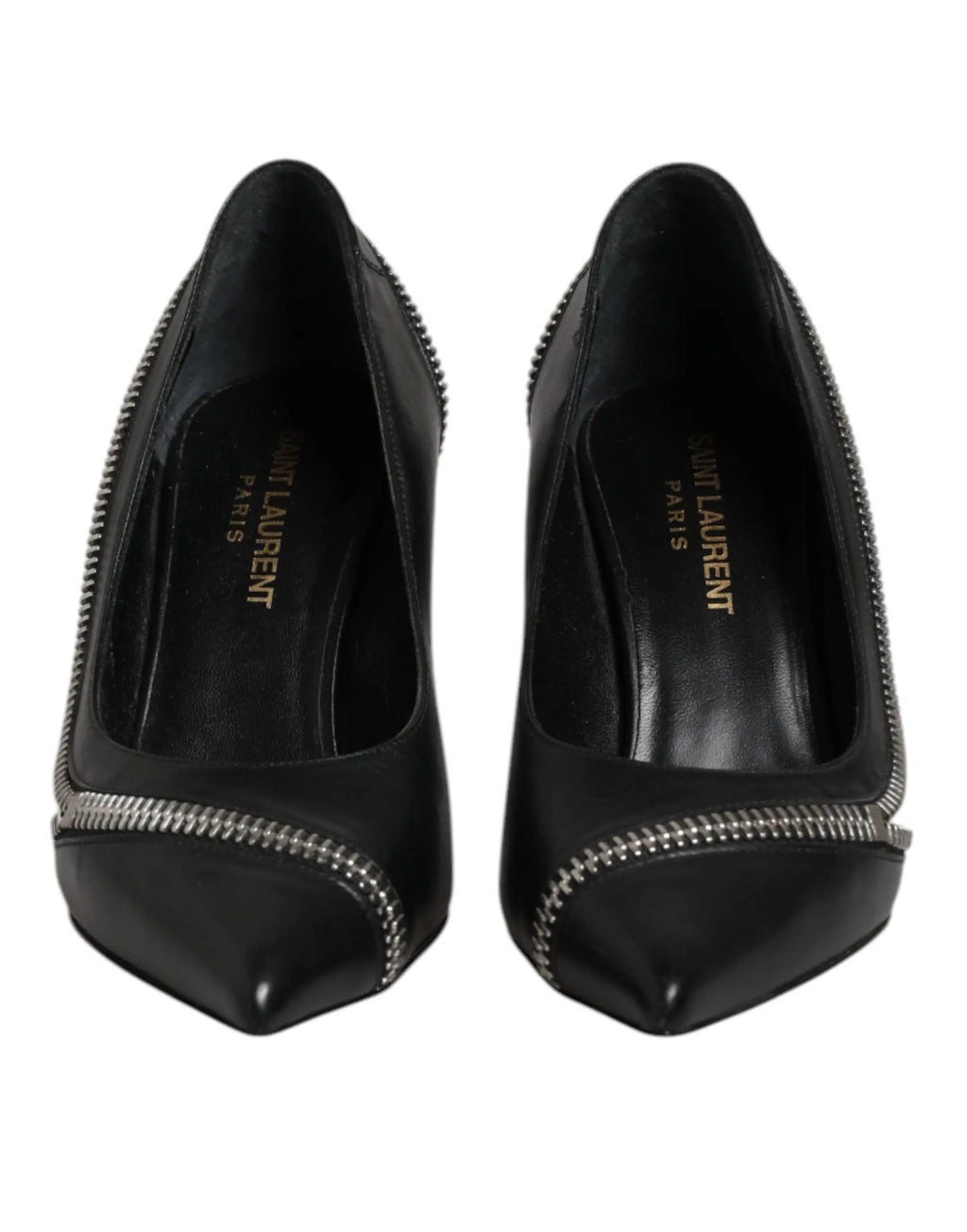 Saint Laurent white black leather pointed toe heels with silver zipper detail along the toe in black leather