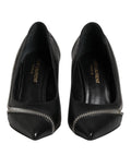 Saint Laurent white black leather pointed toe heels with silver zipper detail along the toe in black leather