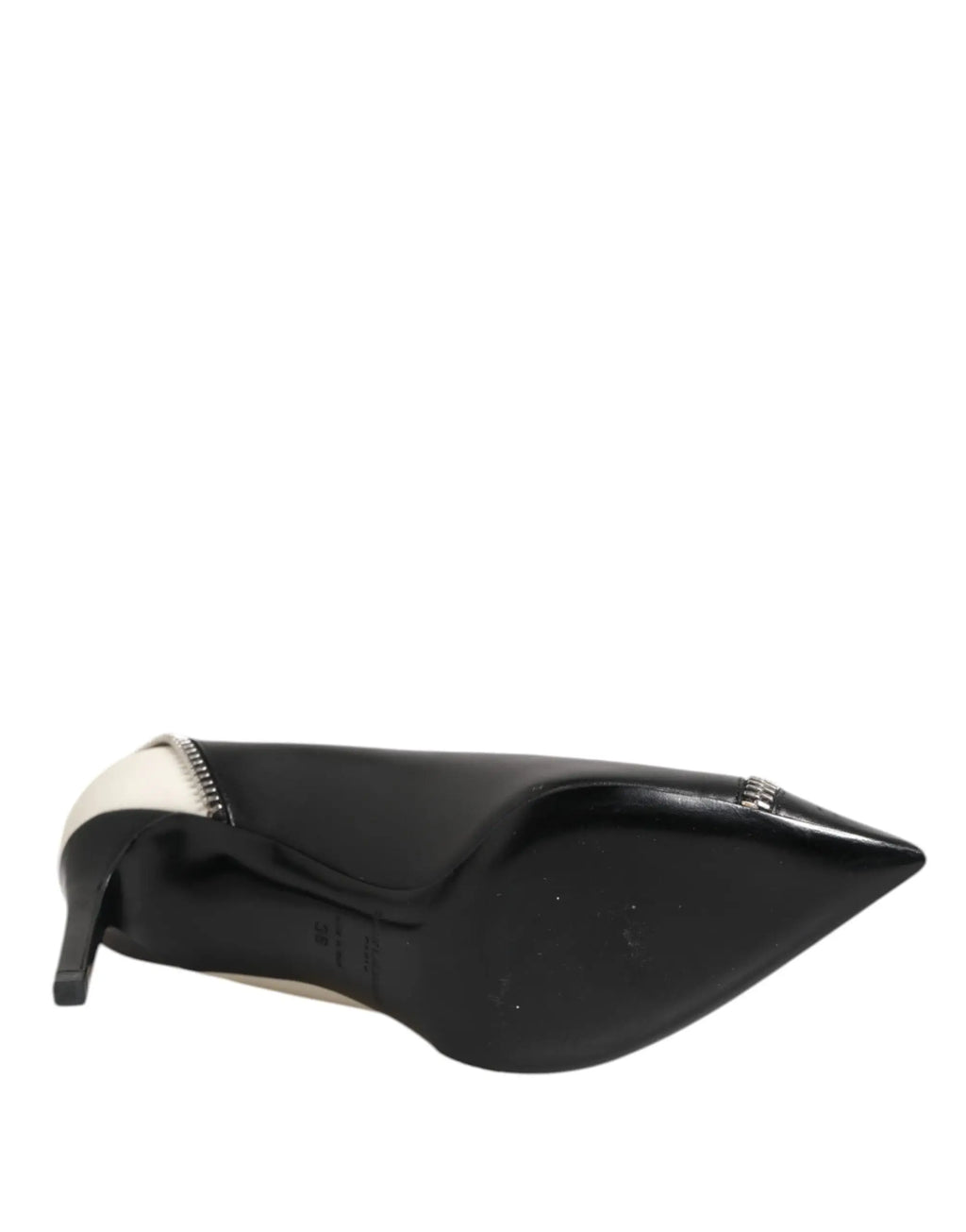 Saint Laurent white black leather pointed toe heels with black patent leather, white heel, and silver zipper detail