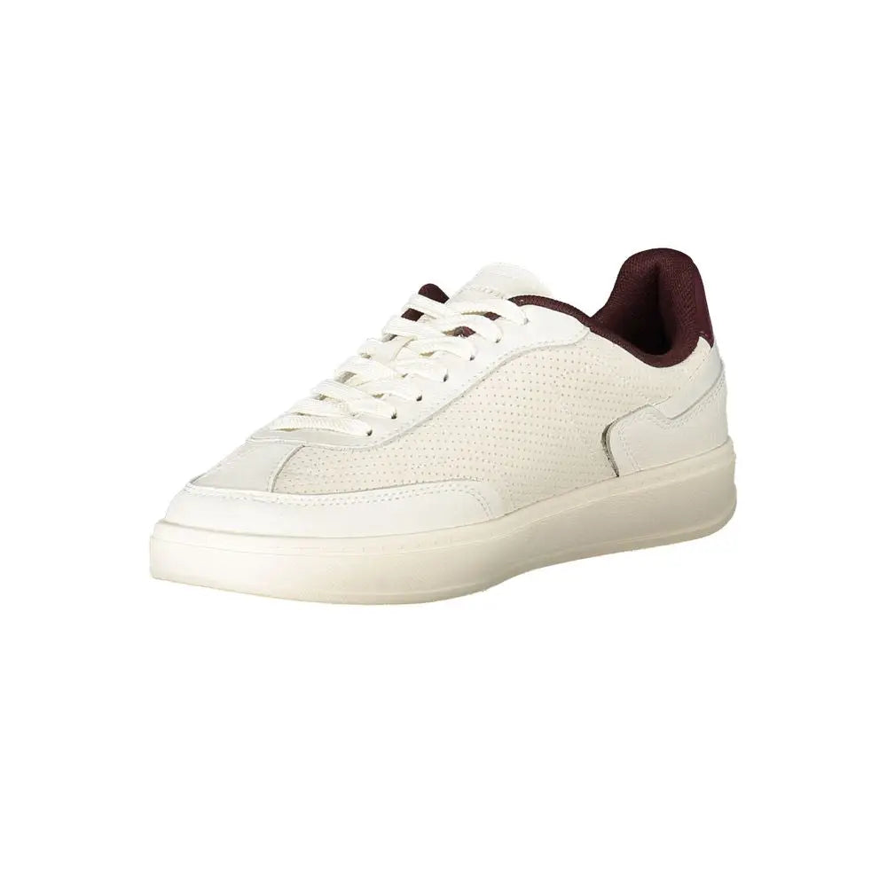Baskets femme tommy hilfiger beige en polyuréthane avec cuir blanc perforé et accents bordeaux au talon et lacets