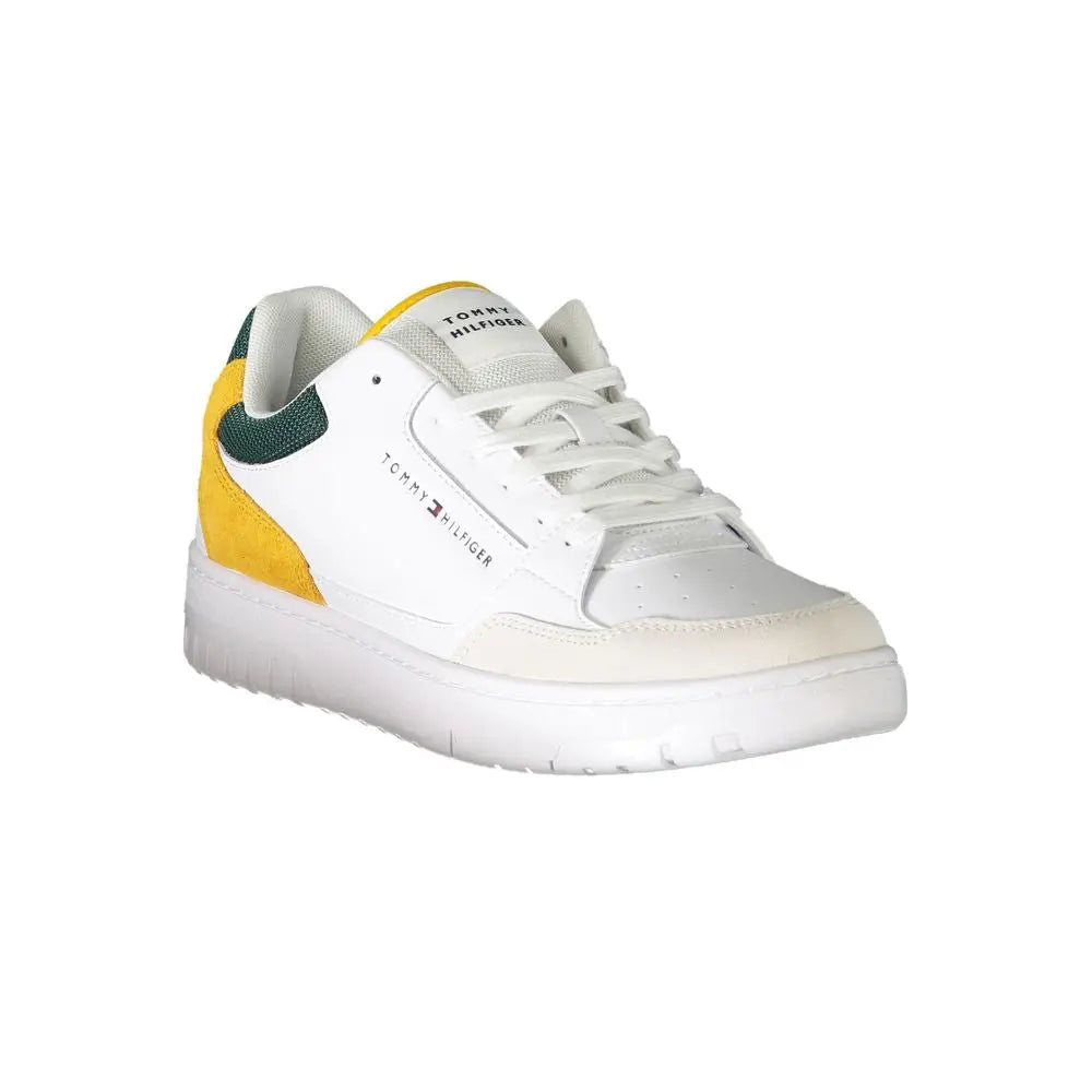 Baskets hommes tommy hilfiger bianco en cuir blanc avec accents jaunes et verts sur le côté et le talon