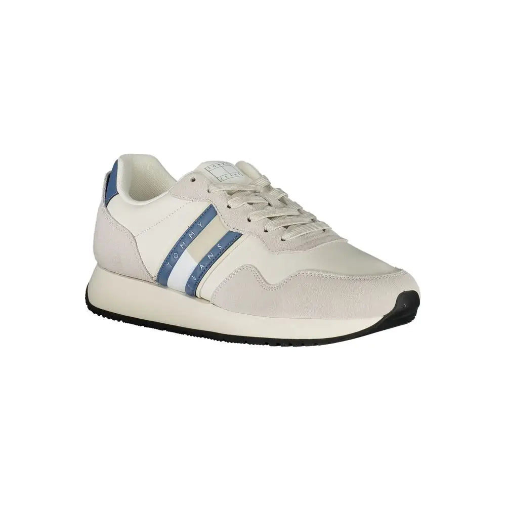 Baskets homme tommy hilfiger bianco en cuir crème avec empiècements bleu et blanc en daim et semelle en caoutchouc