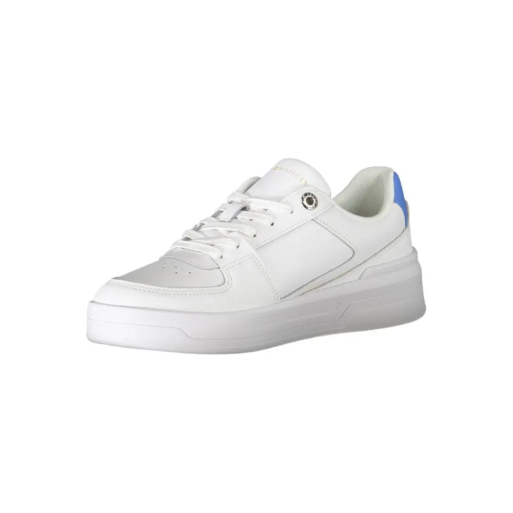 Sneaker femme tommy hilfiger bianco en cuir blanc avec accent bleu au talon et oeillets argentés