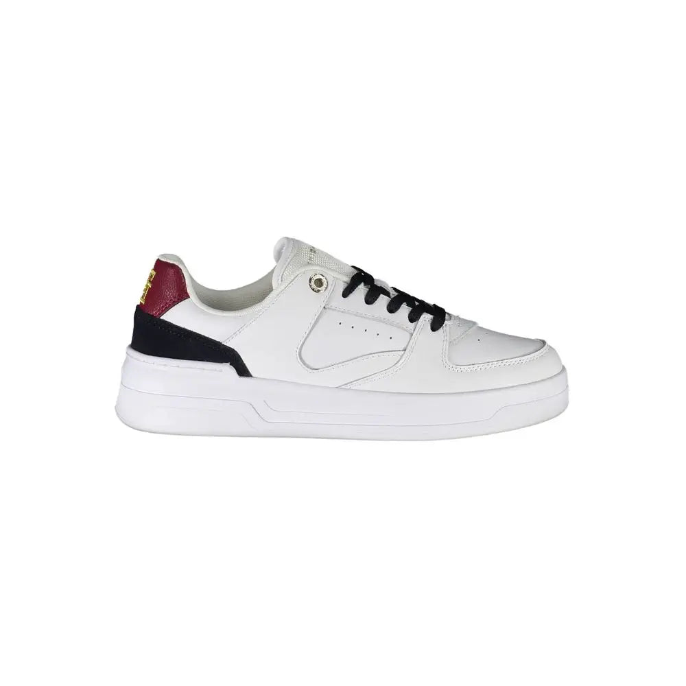 Sneakers blanches en cuir tommy hilfiger bianco avec lacets noirs et accents bleu marine et bordeaux au talon