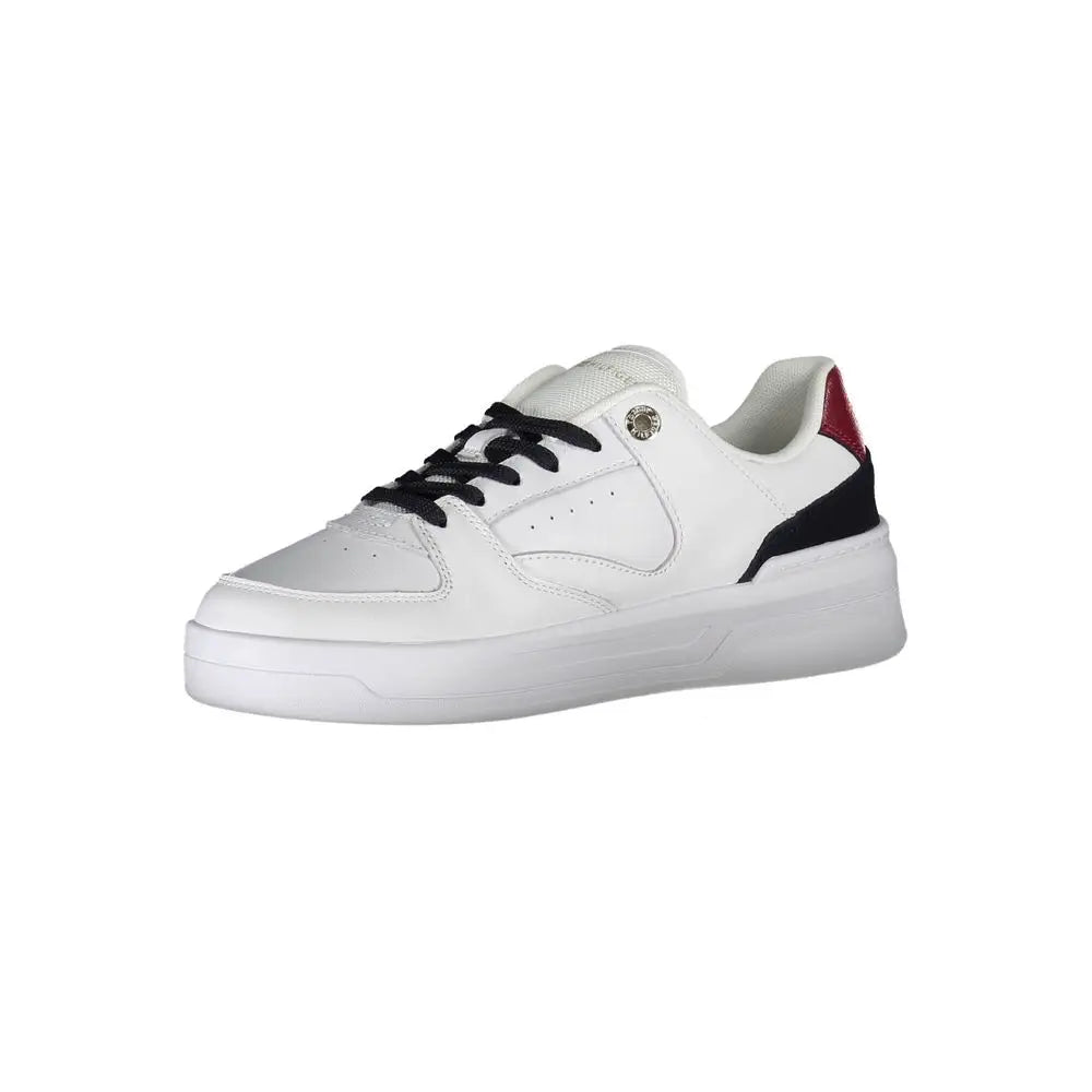 Sneaker femme tommy hilfiger bianco en cuir blanc avec lacets noirs et languette arrière rouge et noire contrastante