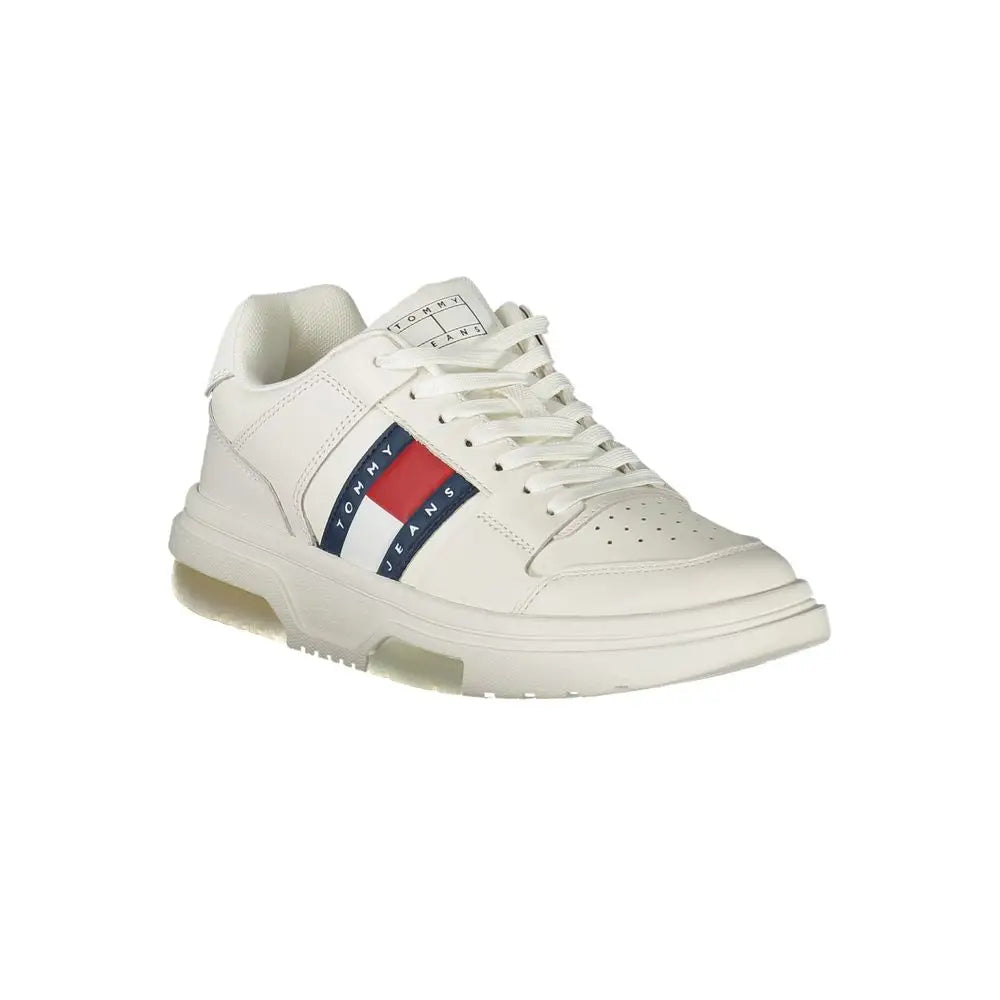 Baskets femme tommy hilfiger bianco en cuir blanc avec logo rayé rouge blanc bleu sur le côté