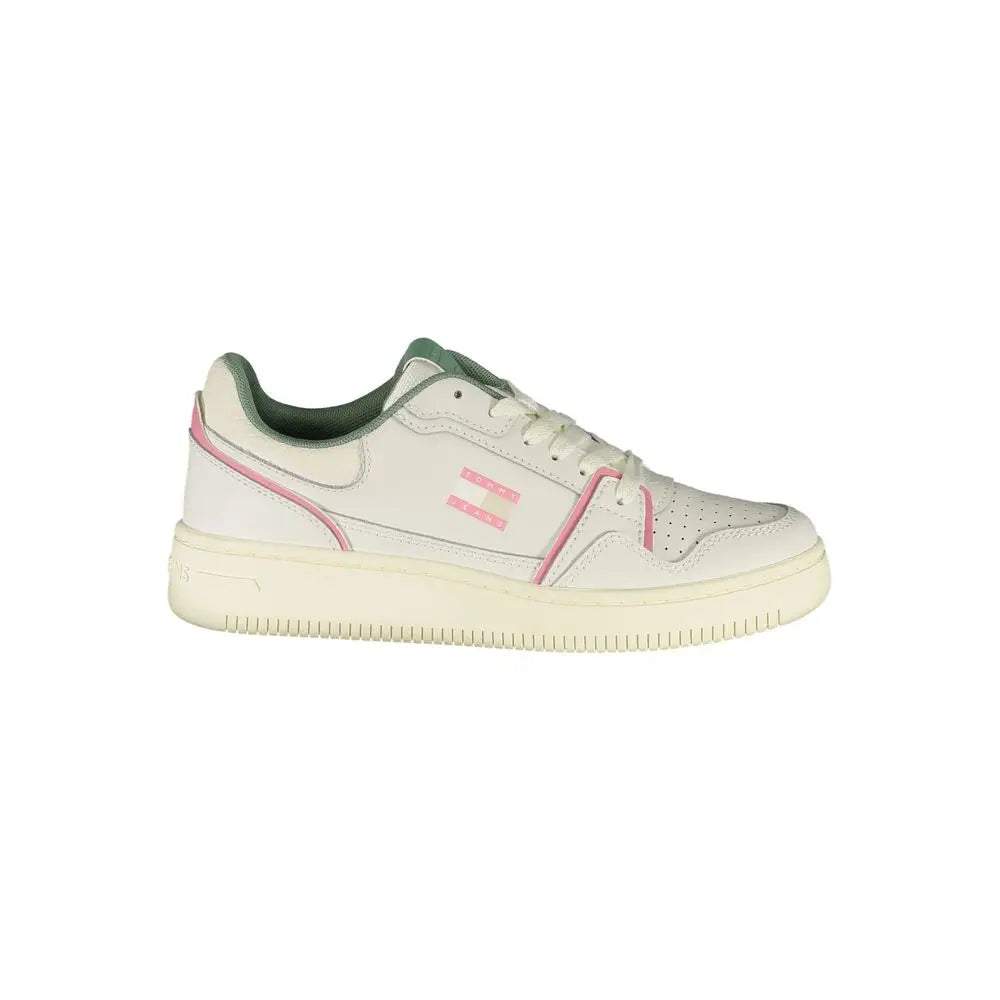 Sneaker blanche basse tommy hilfiger bianco poliuretano femme avec accents roses et verts en cuir et semelle épaisse en caoutchouc