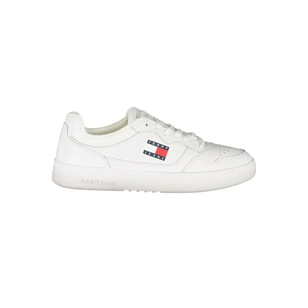 Baskets tommy hilfiger bianco en polyuréthane blanc avec design basse, logo drapeau et coutures sur le côté