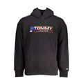 Tommy hilfiger black cotton men sweater hoodie with bold american flag logo and red orange trim across the chest