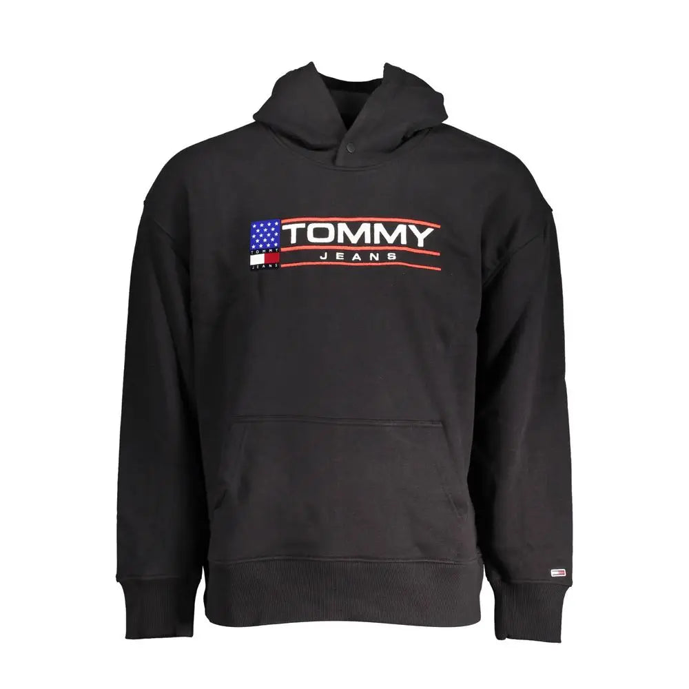 Tommy hilfiger black cotton men sweater hoodie with bold american flag logo and red orange trim across the chest