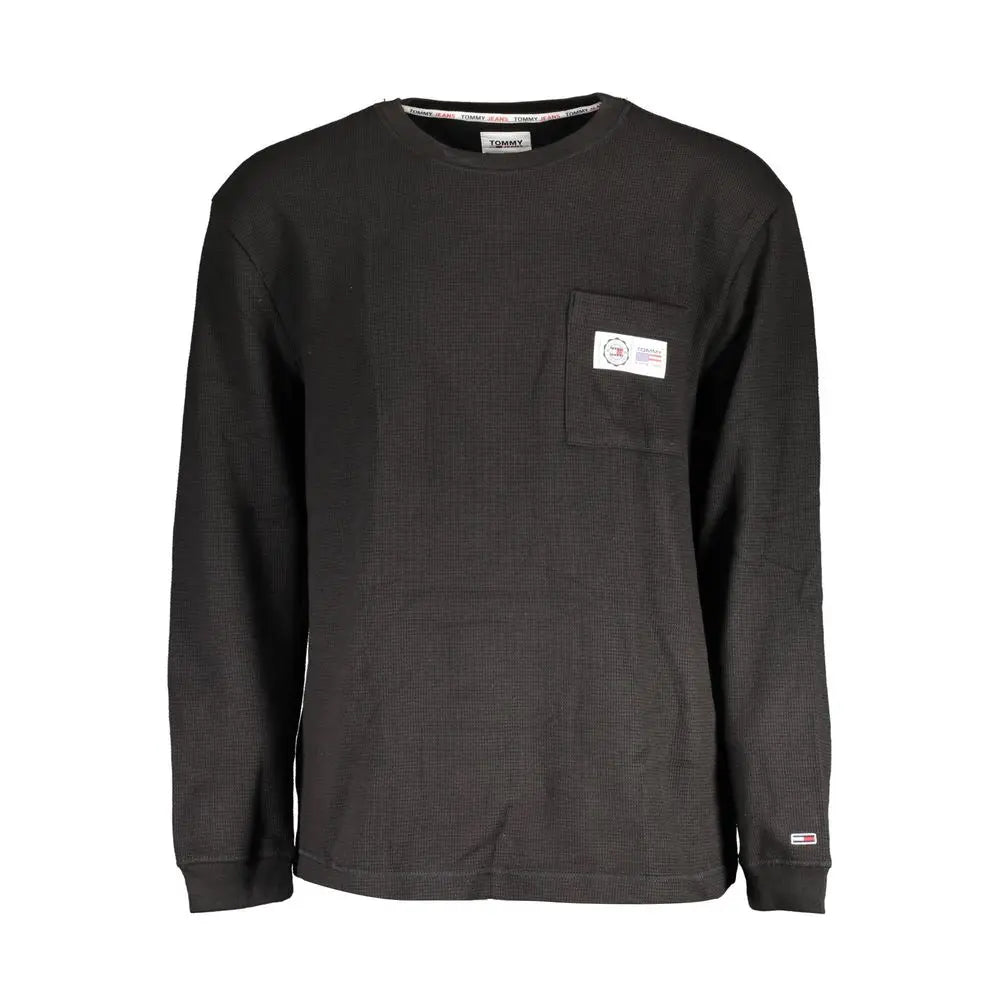 Pull thermique noir tommy hilfiger en coton pour homme avec motif quadrillé subtil et poche poitrine avec étiquette blanche