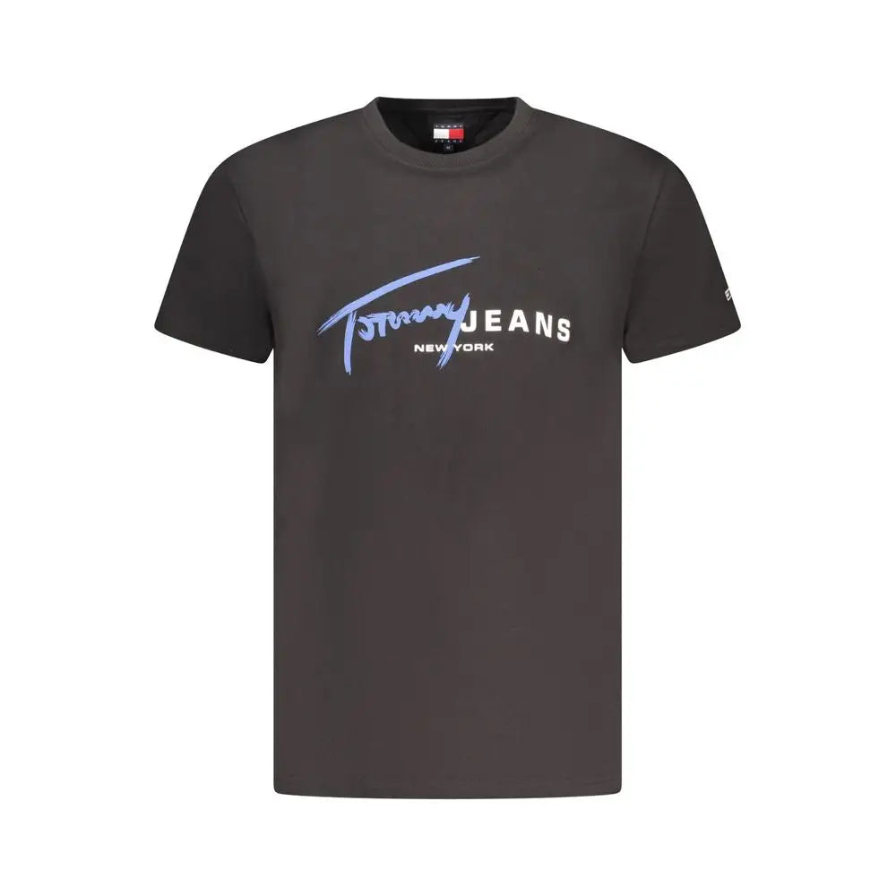 T shirt noir en coton pour homme tommy hilfiger avec logo signature tommy en bleu clair et lettres blanches jeans new york