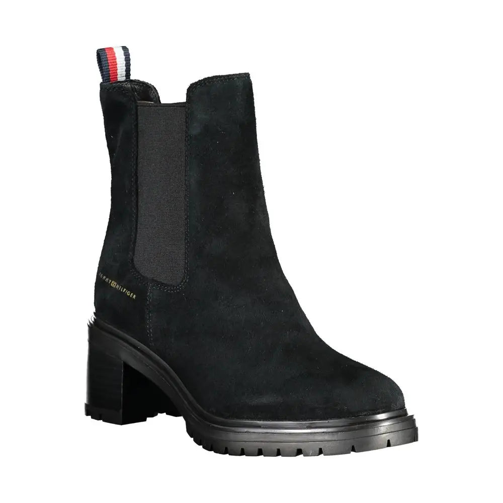 Bottine femme en cuir noir tommy hilfiger en daim avec talon épais et tirette rouge blanc bleu vue arrière