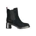 Bottine femme tommy hilfiger en cuir noir avec talon épais et empiècements élastiques en daim noir