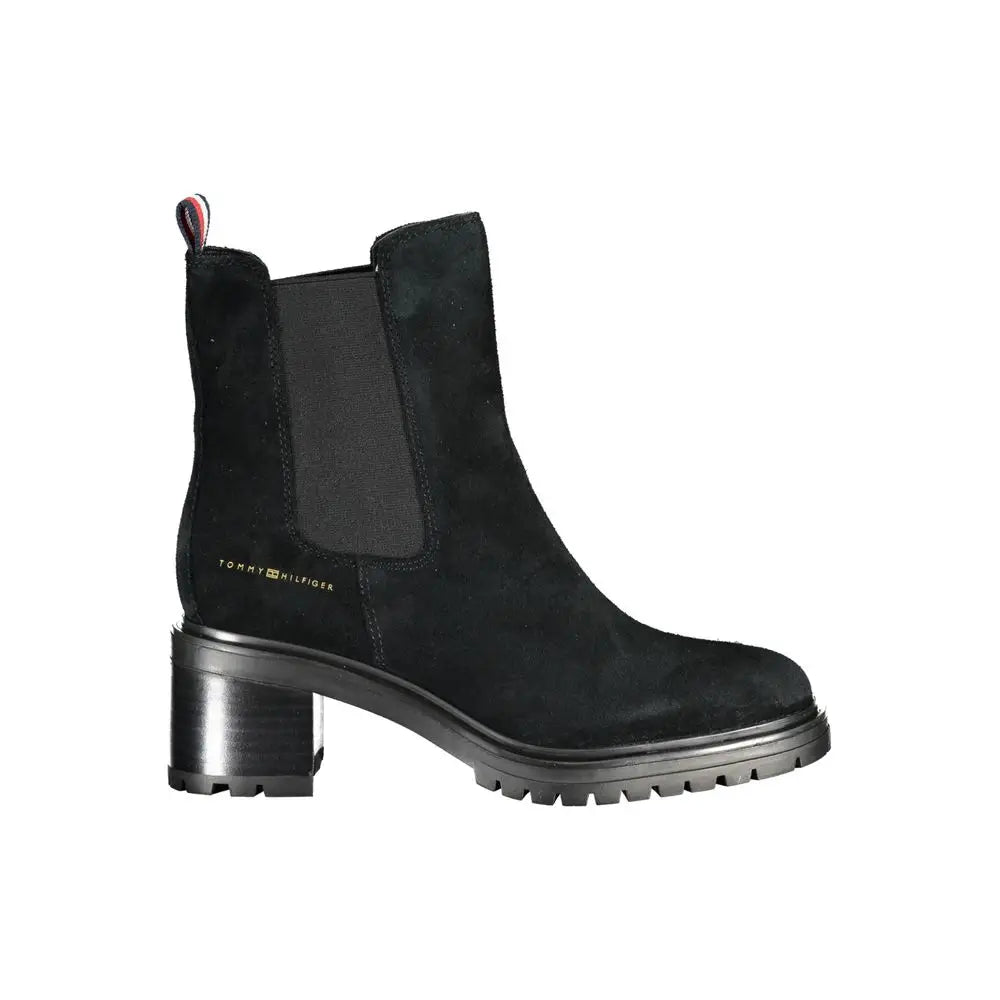 Bottine femme tommy hilfiger en cuir noir avec talon épais et empiècements élastiques en daim noir