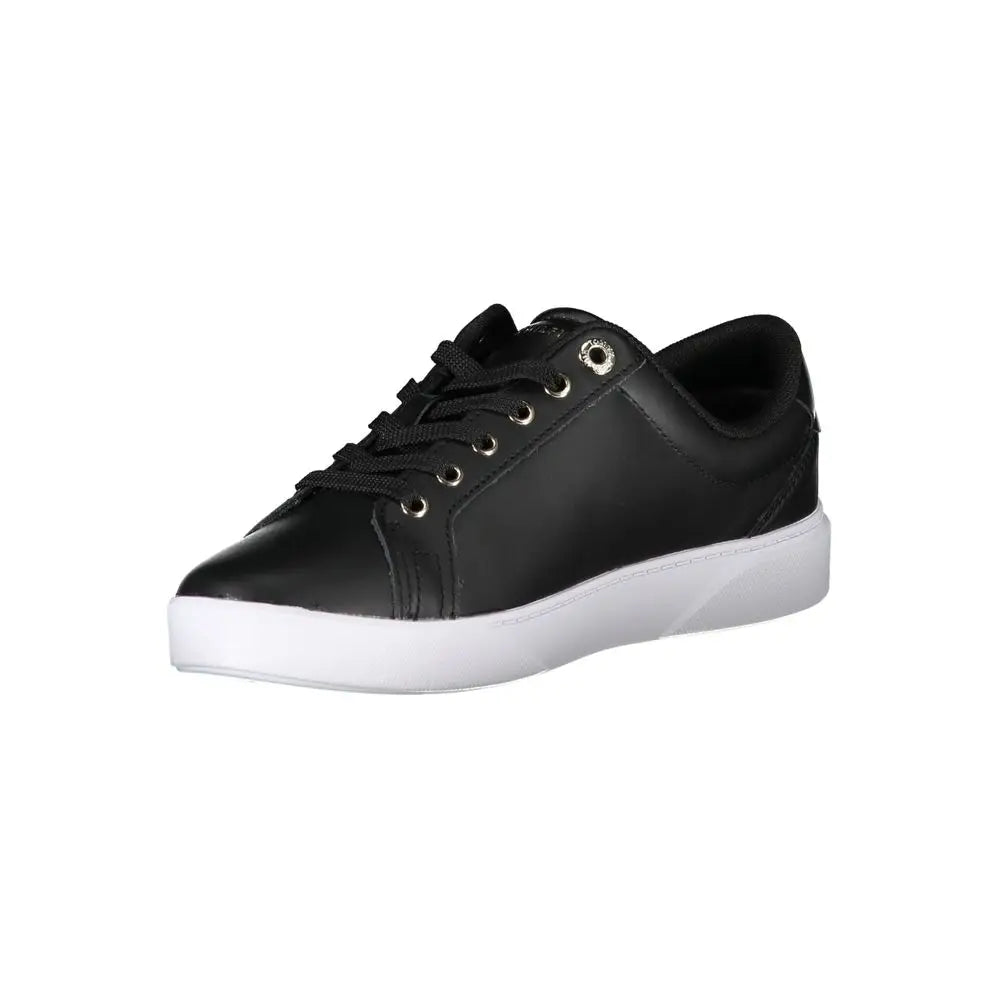 Sneaker tommy hilfiger femme en cuir noir avec semelle blanche en caoutchouc et œillets argentés basse