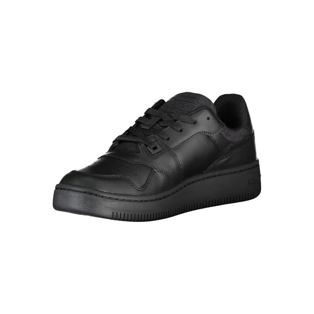 Baskets basses noires pour femmes tommy hilfiger en cuir avec panneaux en cuir lisse et accents en mesh texturé