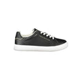 Baskets femme tommy hilfiger noires en cuir avec lacets blancs semelle en caoutchouc blanche et surpiqûres dorées discrètes