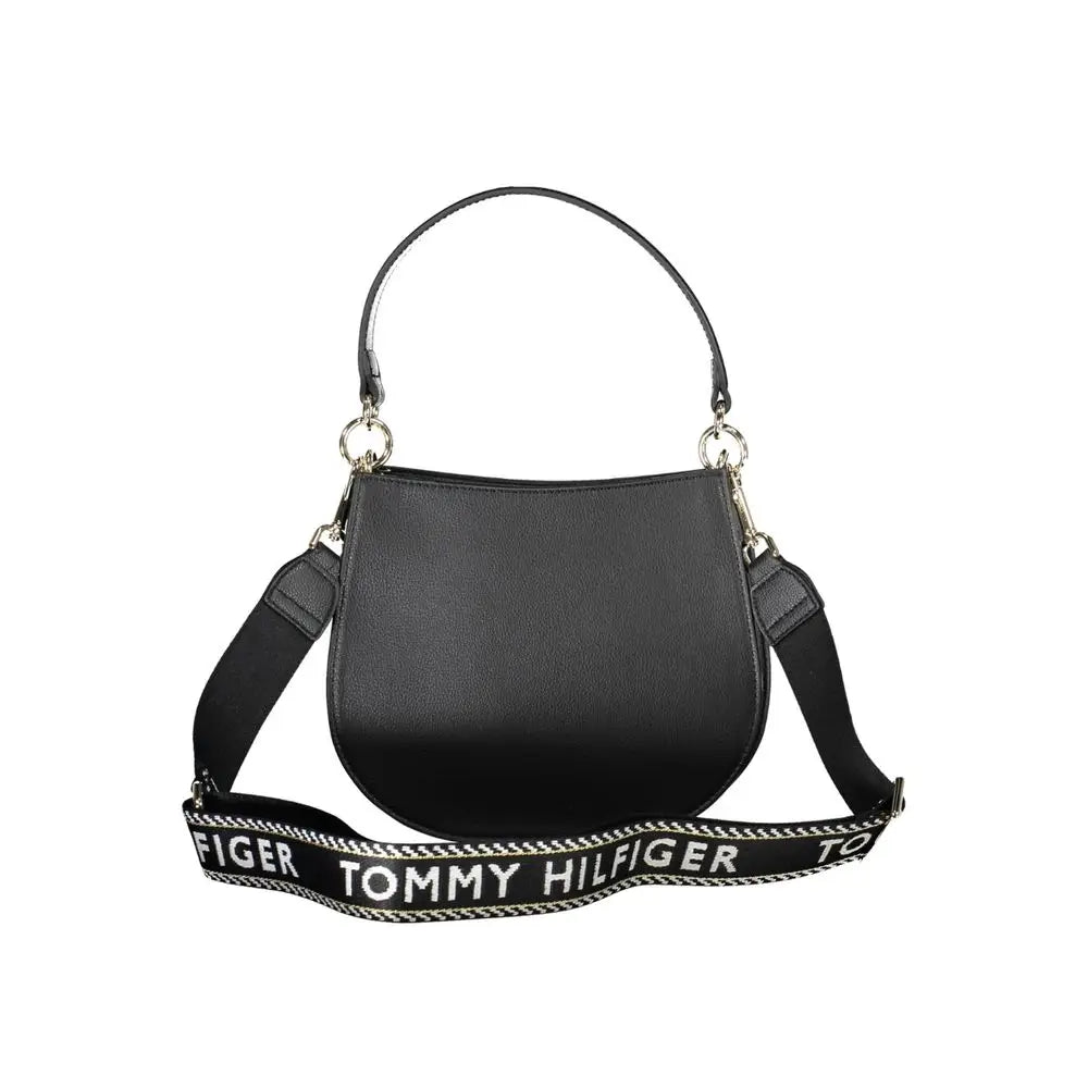 Sac à main tommy hilfiger noir en polyester avec cuir texturé, poignée incurvée et bandoulière réglable logo blanc