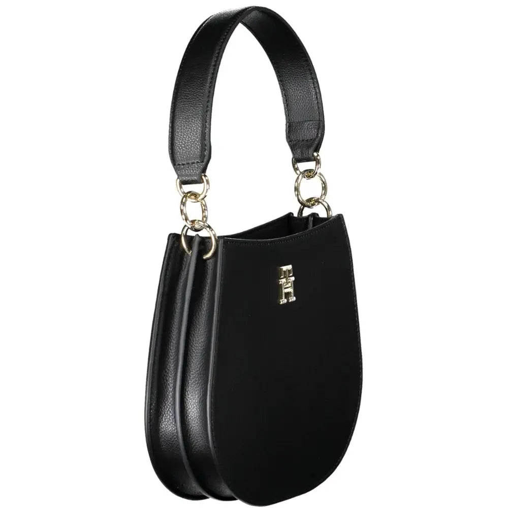 Sac à main tommy hilfiger noir en polyester avec plaque logo th argentée et chaîne assortie en cuir noir