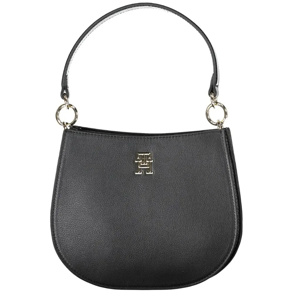 Sac à main tommy hilfiger noir en polyester avec logo argenté et anneaux métalliques ronds en cuir noir