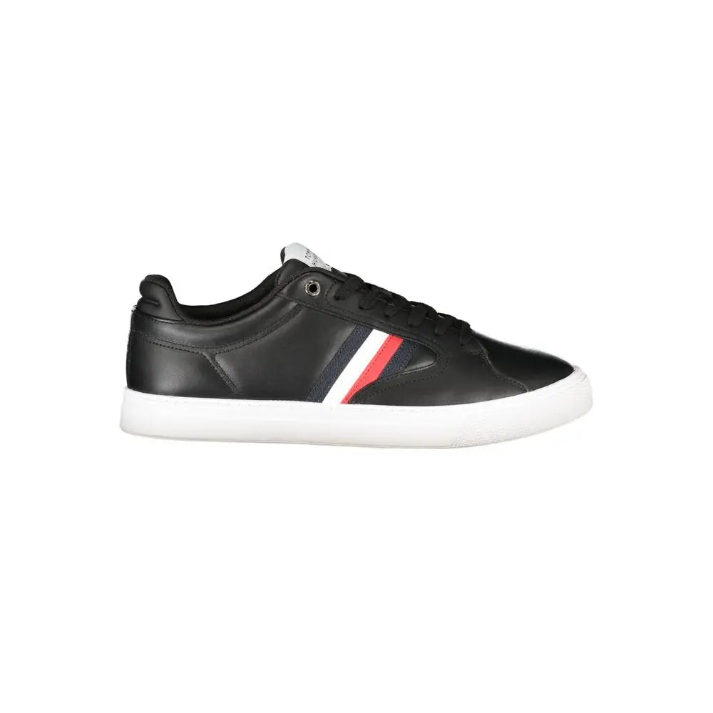 Baskets homme tommy hilfiger noires en polyester avec semelle blanche et bandes rouge blanc bleu marine sur le côté