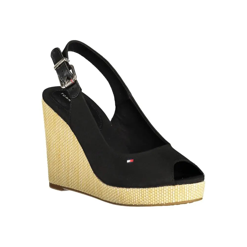 Sandal wedge noir tommy hilfiger femme en polyester avec talon en paille tressée et bride à la cheville