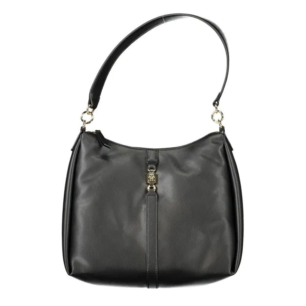 Sac épaule femme tommy hilfiger en polyester noir avec boucle logo dorée et bandoulière assortie en cuir noir
