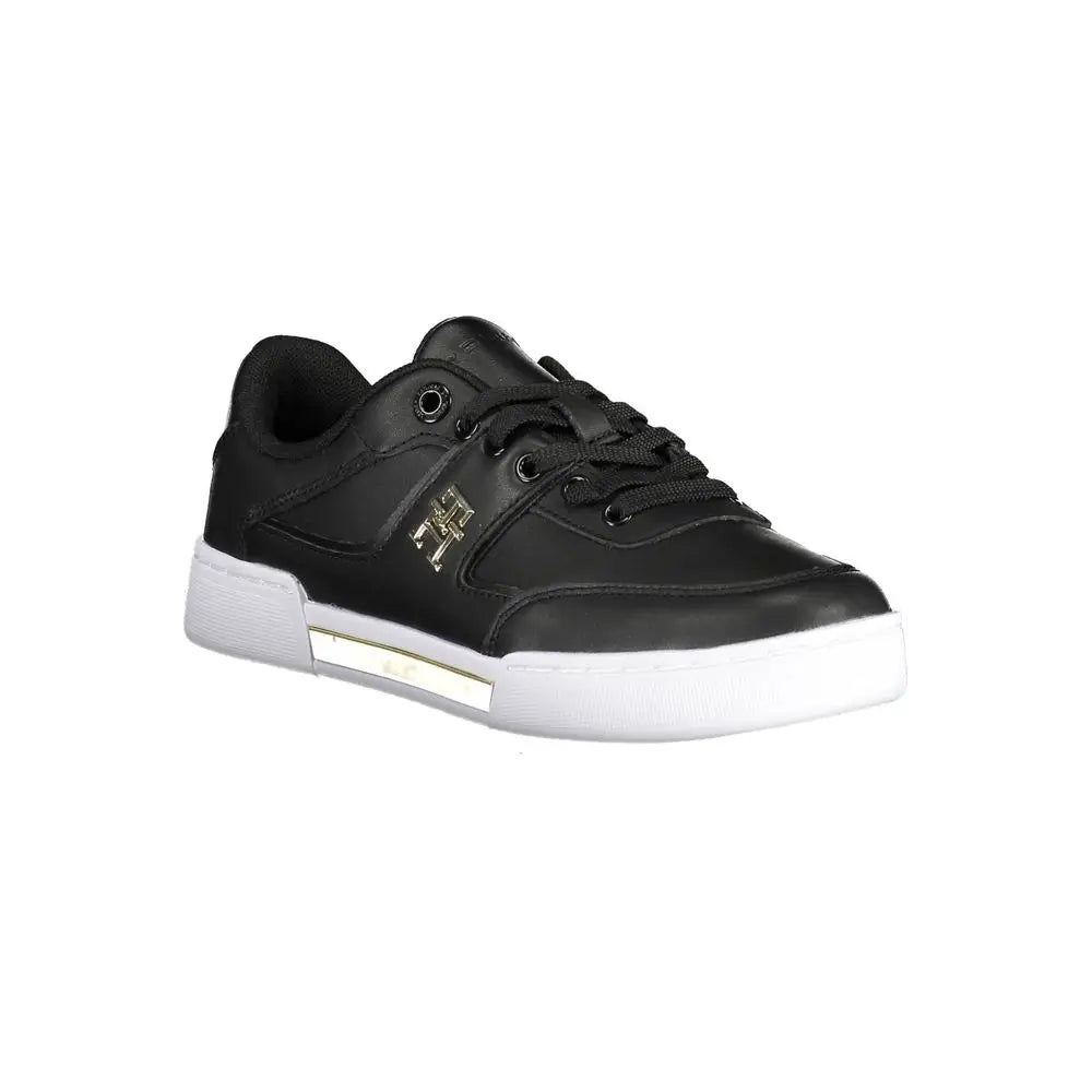 Baskets femmes tommy hilfiger noires en polyester avec semelle en caoutchouc blanche et logo doré