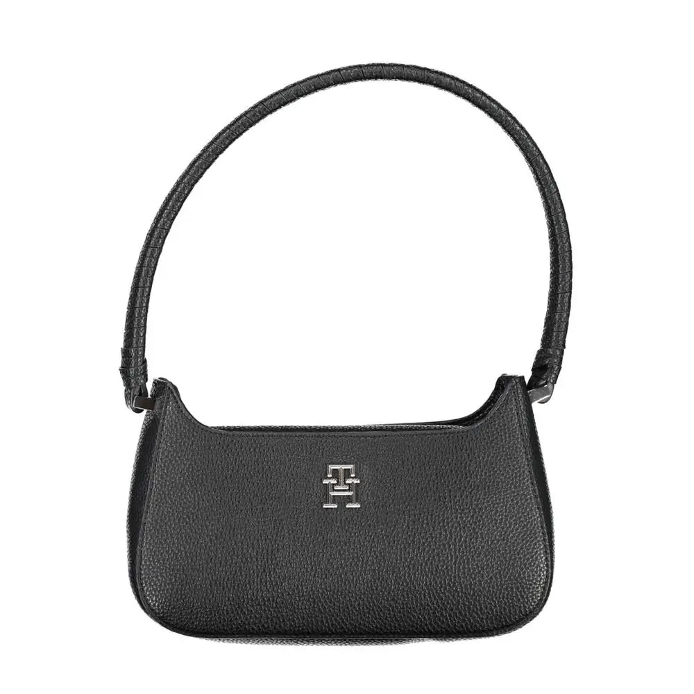 Sac à main femme tommy hilfiger en polyuréthane noir avec poignée incurvée en cuir grainé et plaque logo argentée