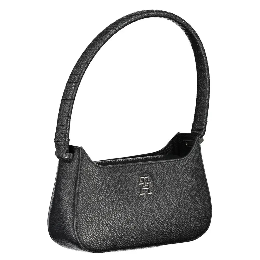Sac à main femme Tommy Hilfiger en cuir noir grainé avec poignée tressée et plaque logo argentée polyuréthane