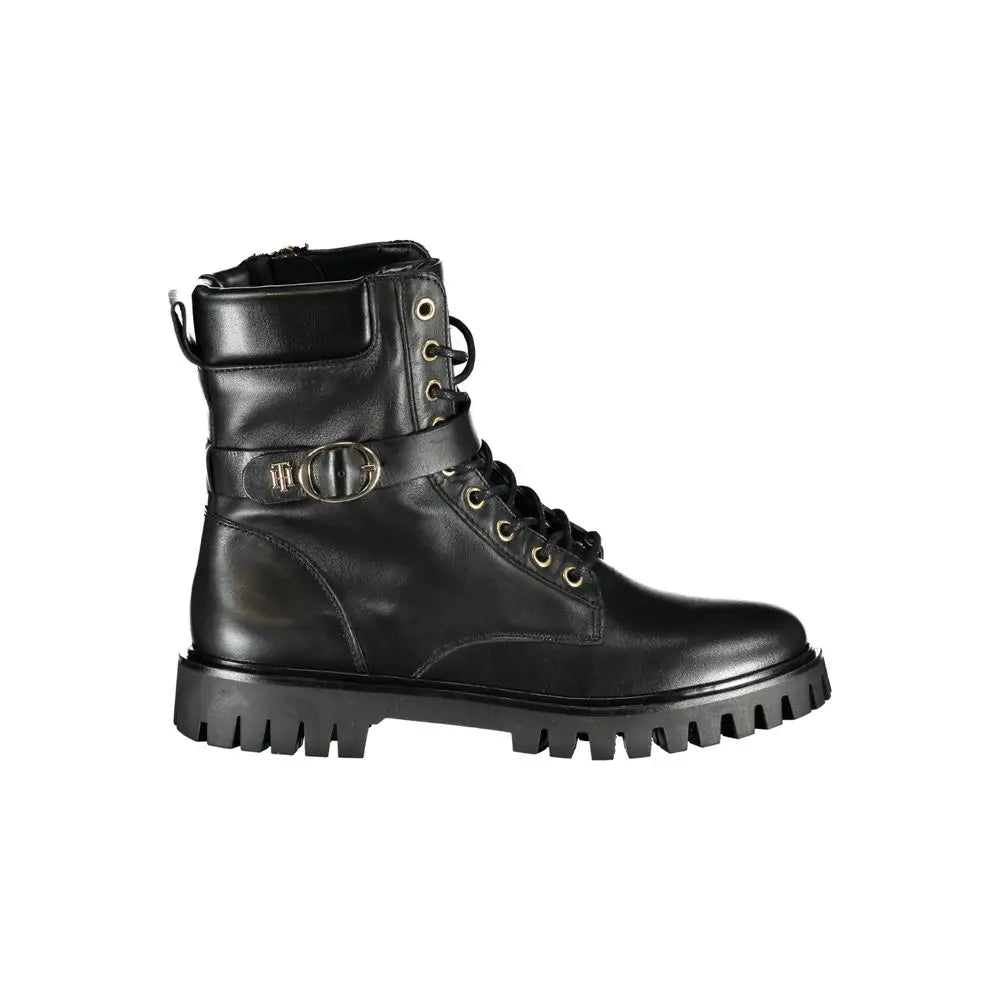 Bottine femme tommy hilfiger noire en polyuréthane avec semelle épaisse texturée et boucle métallique