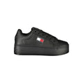 Basket femme tommy hilfiger noire en cuir polyuréthane brillant avec semelle épaisse en caoutchouc
