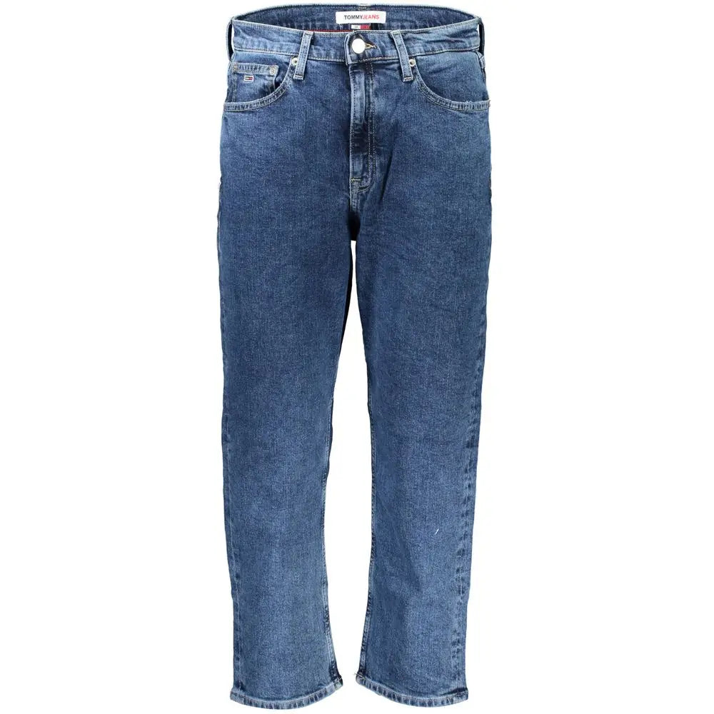 Jean femme bleu tommy hilfiger en coton avec coupe droite classique et logo tommy jeans sur la ceinture vue dos