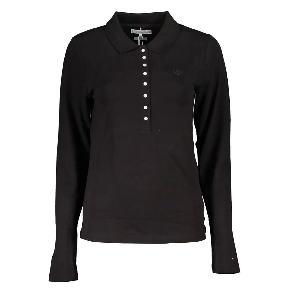 Chemise polo noire à manches longues avec boutons blancs et logo brodé, assortie au jean en coton bleu tommy hilfiger femme