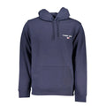 Navy blue tommy hilfiger cotton men hoodie with small white chest logo and matching drawstrings
