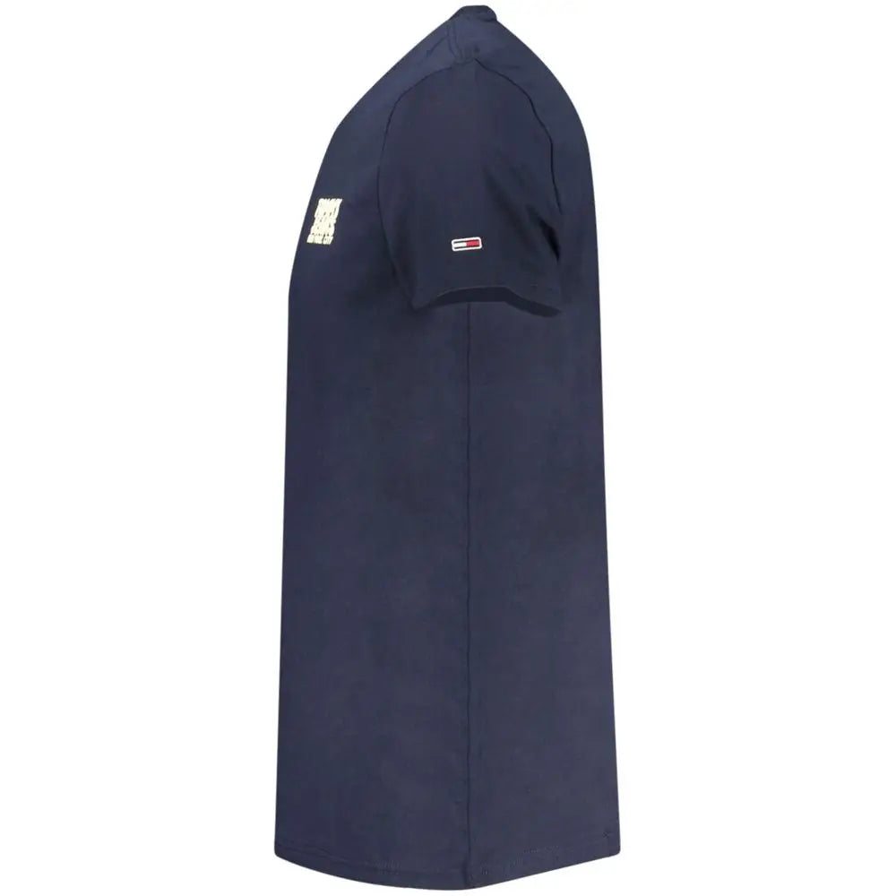 Navy blue tommy hilfiger cotton men t-shirt with short sleeves, rectangular logo patch on chest, red white blue flag on sleeve