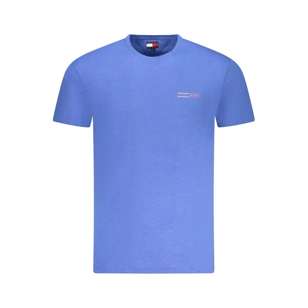 T-shirt homme tommy hilfiger bleu en coton avec petit logo sur la poitrine et étiquette de marque au col