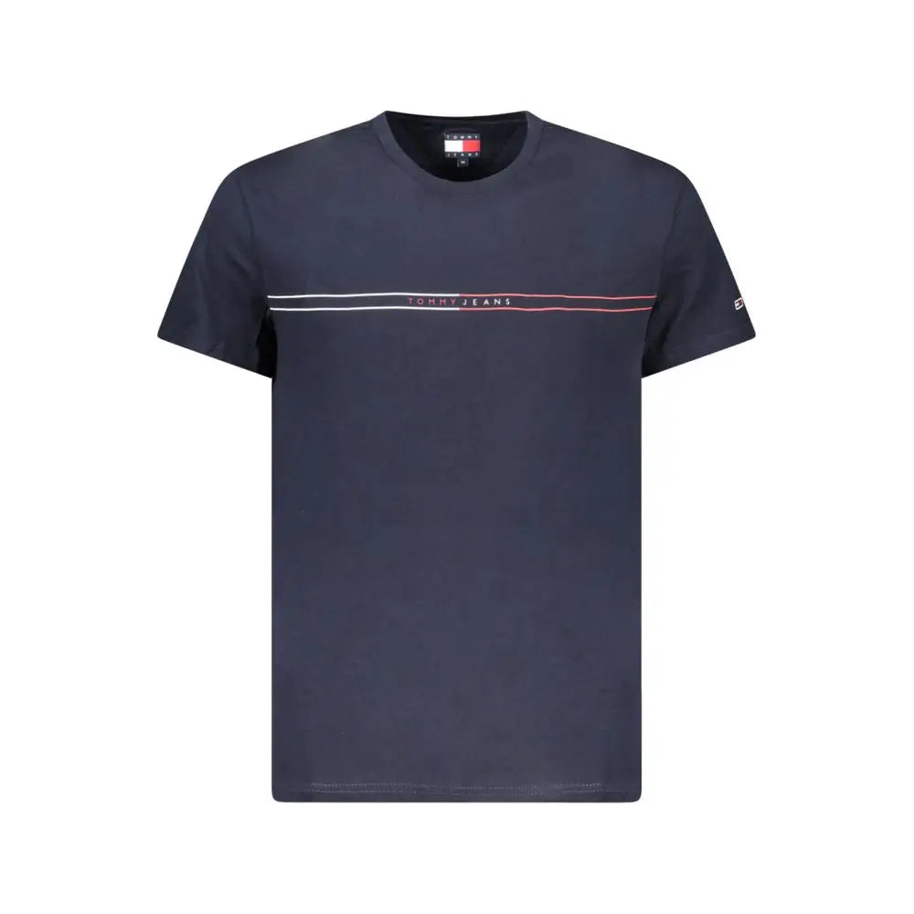 T-shirt homme tommy hilfiger bleu en coton avec bande blanche et rouge et nom de la marque en noir