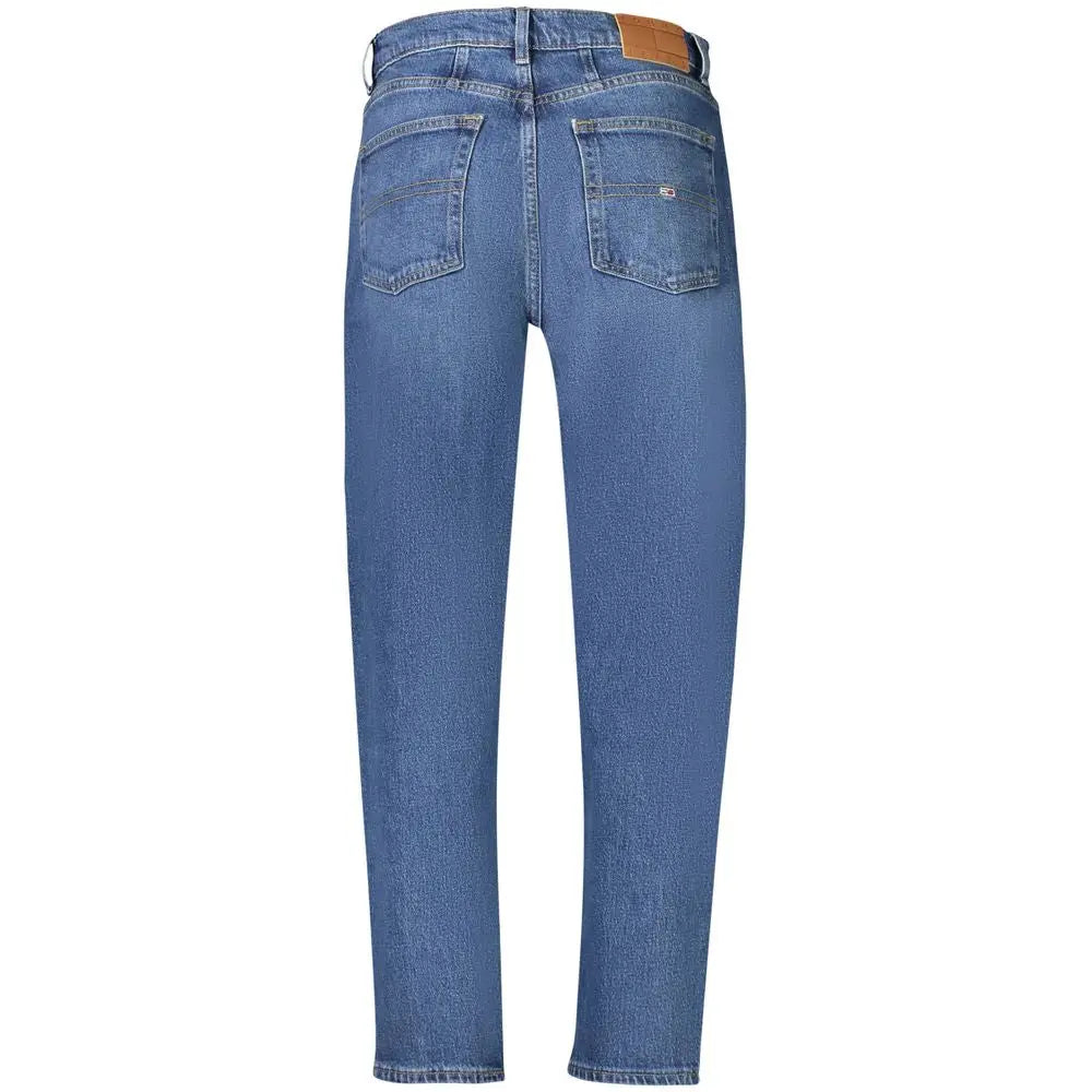 Jean femme tommy hilfiger en coton bleu avec coupe droite classique et patch en cuir marron à la taille vue dos