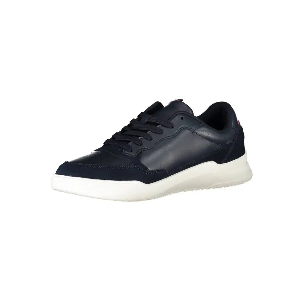Baskets homme tommy hilfiger en cuir bleu avec semelle en caoutchouc blanche alliant cuir et daim noir